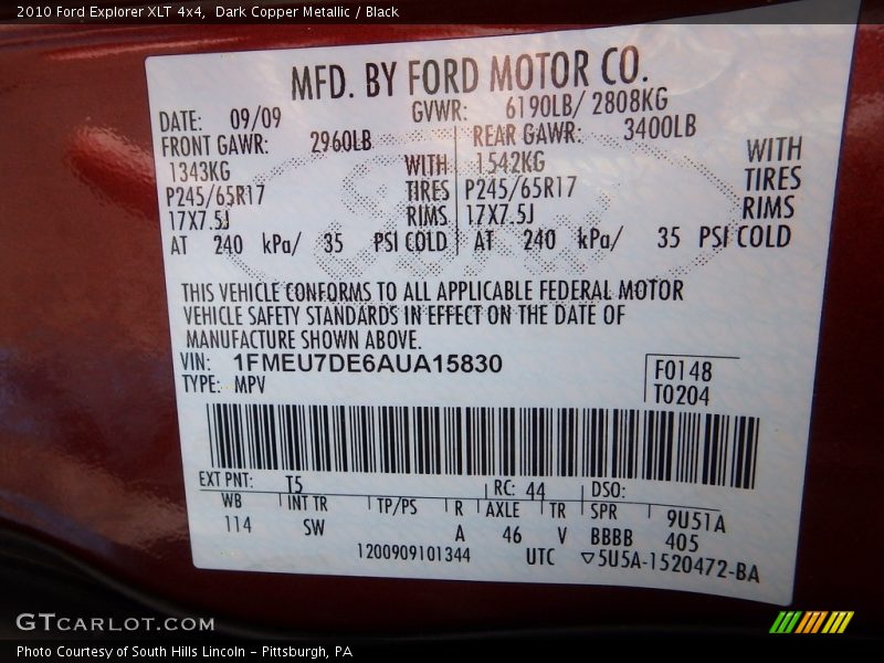 Dark Copper Metallic / Black 2010 Ford Explorer XLT 4x4