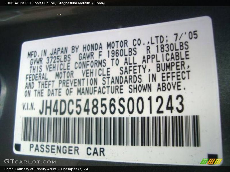 Magnesium Metallic / Ebony 2006 Acura RSX Sports Coupe