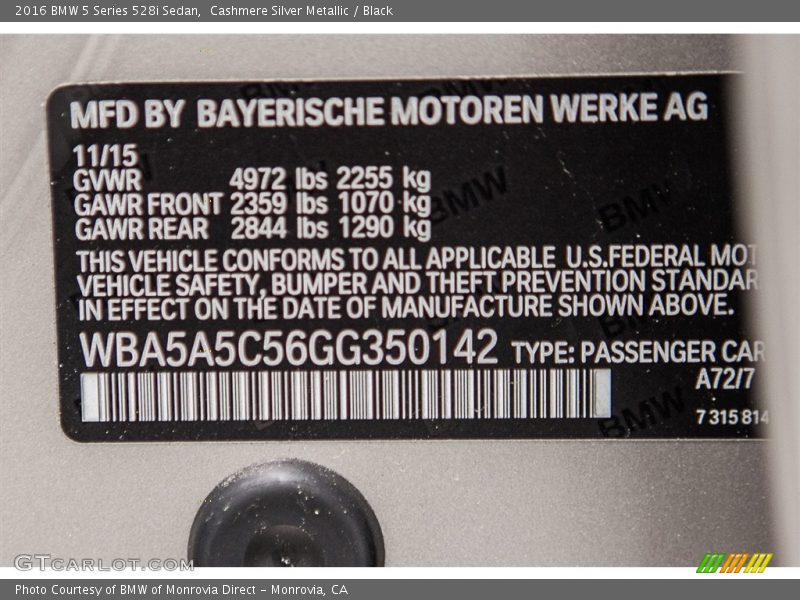 2016 5 Series 528i Sedan Cashmere Silver Metallic Color Code A72