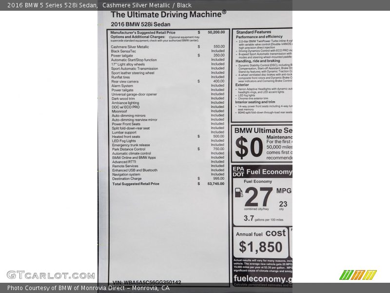  2016 5 Series 528i Sedan Window Sticker