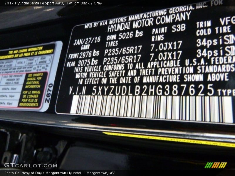 2017 Santa Fe Sport AWD Twilight Black Color Code S3B