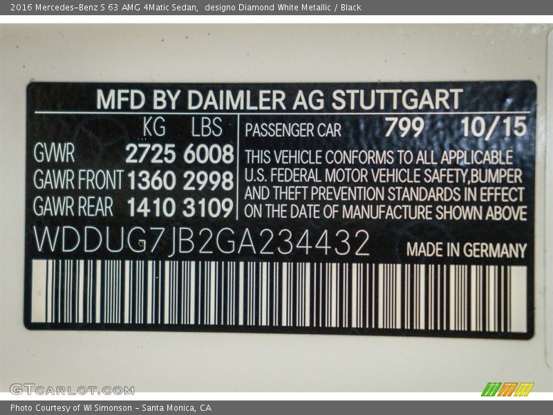 2016 S 63 AMG 4Matic Sedan designo Diamond White Metallic Color Code 799