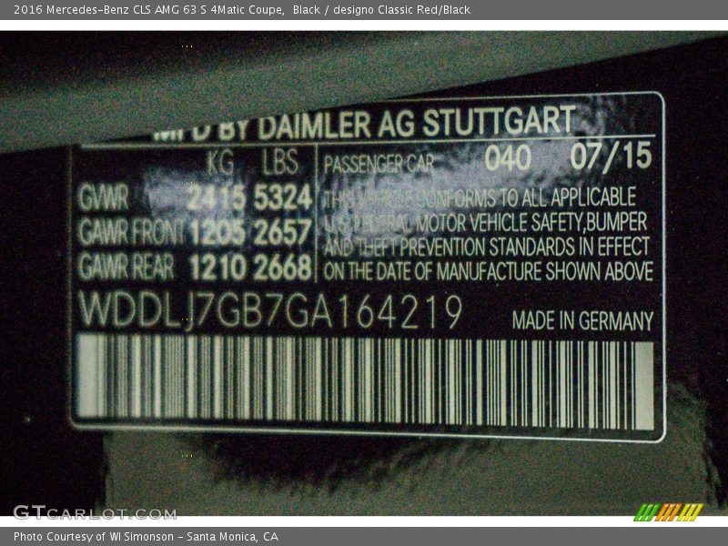 2016 CLS AMG 63 S 4Matic Coupe Black Color Code 040