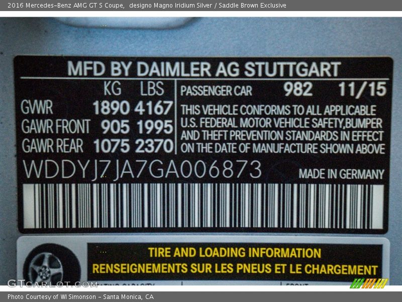 2016 AMG GT S Coupe designo Magno Iridium Silver Color Code 982