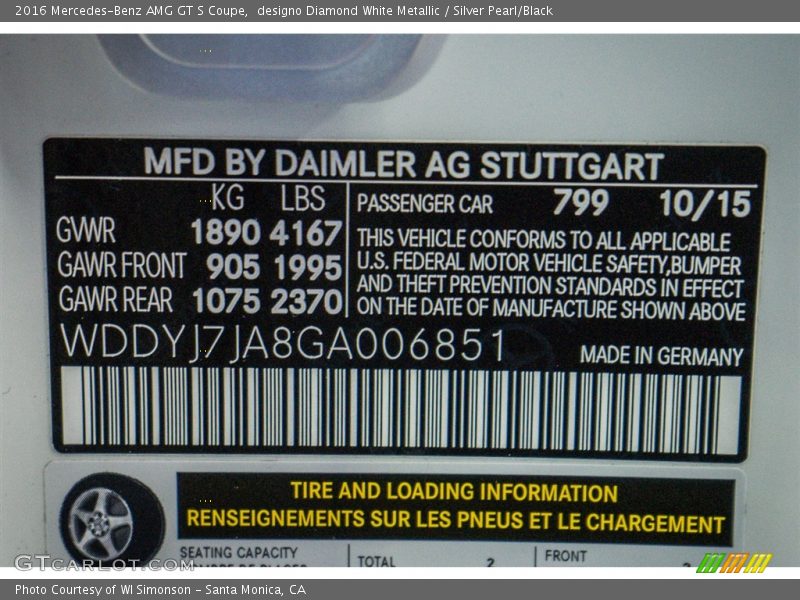 2016 AMG GT S Coupe designo Diamond White Metallic Color Code 799