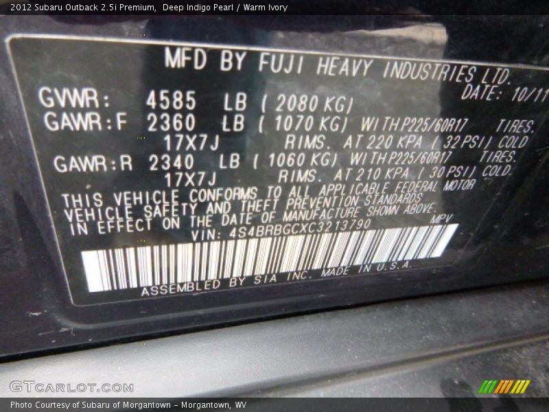 Deep Indigo Pearl / Warm Ivory 2012 Subaru Outback 2.5i Premium