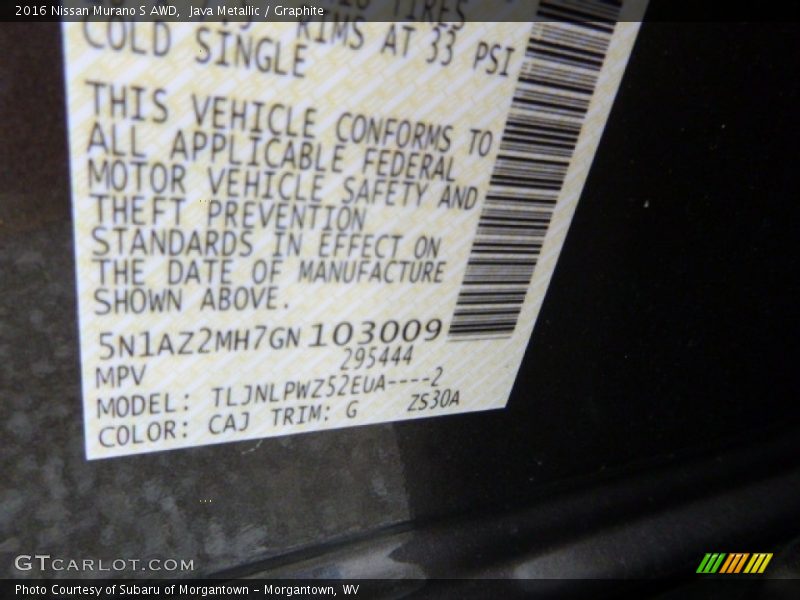 2016 Murano S AWD Java Metallic Color Code CAJ