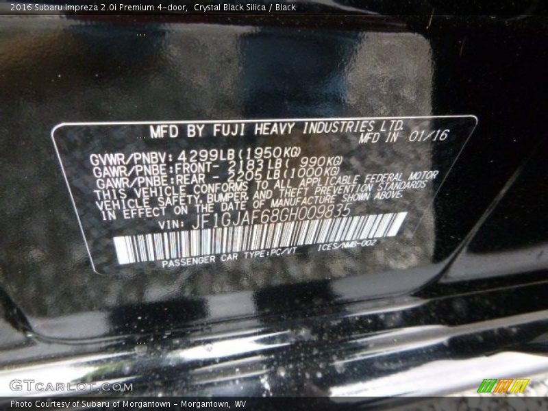 Crystal Black Silica / Black 2016 Subaru Impreza 2.0i Premium 4-door