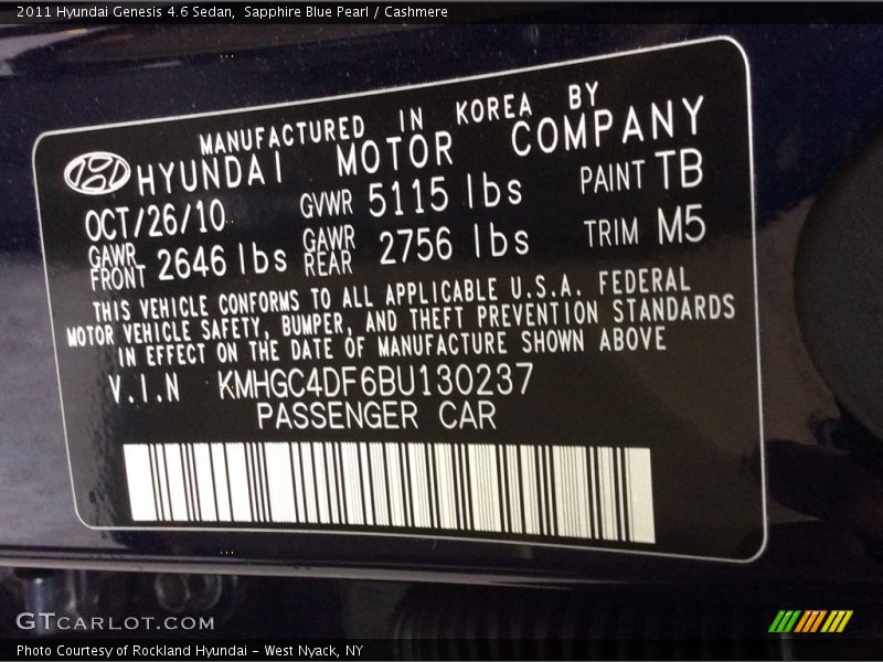 Sapphire Blue Pearl / Cashmere 2011 Hyundai Genesis 4.6 Sedan