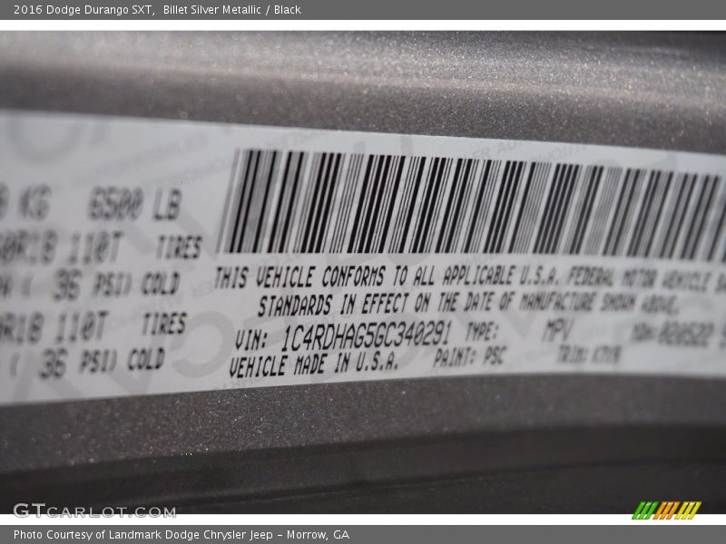 Billet Silver Metallic / Black 2016 Dodge Durango SXT