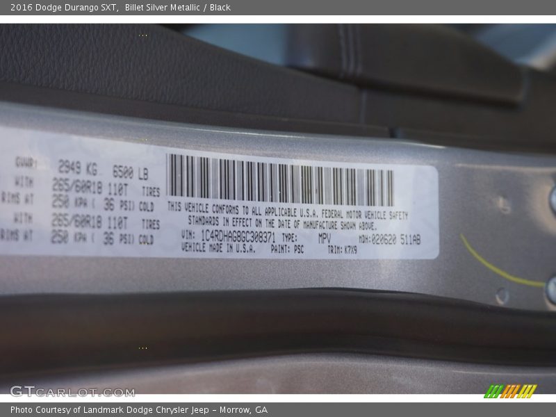 Billet Silver Metallic / Black 2016 Dodge Durango SXT