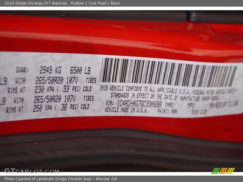 2016 Durango SXT Blacktop Redline 2 Coat Pearl Color Code PRM