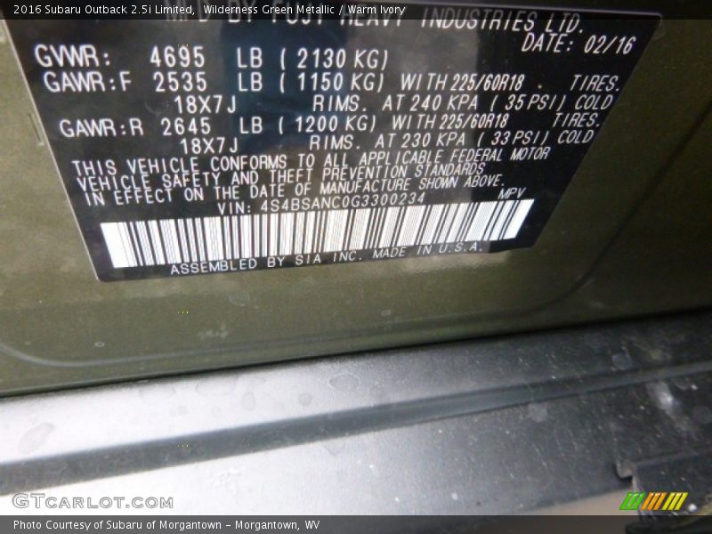 Wilderness Green Metallic / Warm Ivory 2016 Subaru Outback 2.5i Limited