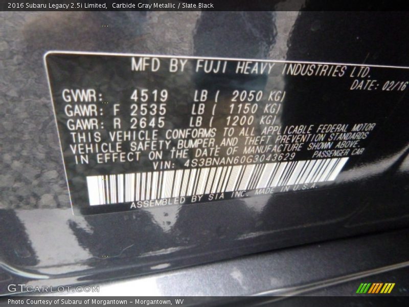 Carbide Gray Metallic / Slate Black 2016 Subaru Legacy 2.5i Limited