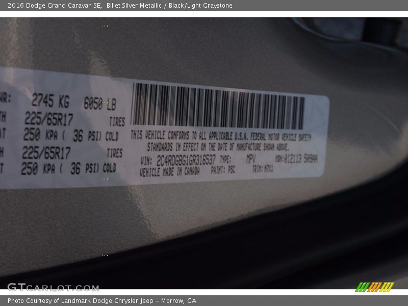 Billet Silver Metallic / Black/Light Graystone 2016 Dodge Grand Caravan SE