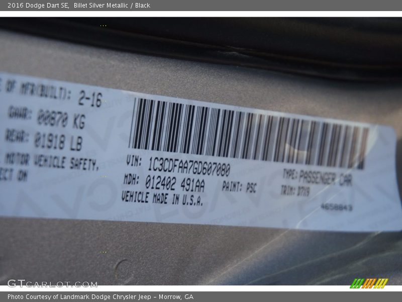 Billet Silver Metallic / Black 2016 Dodge Dart SE