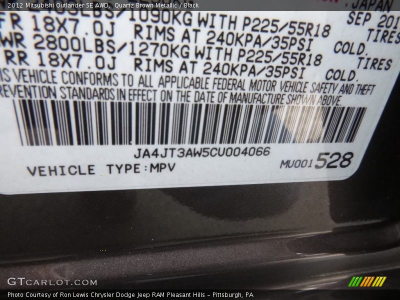 Quartz Brown Metallic / Black 2012 Mitsubishi Outlander SE AWD