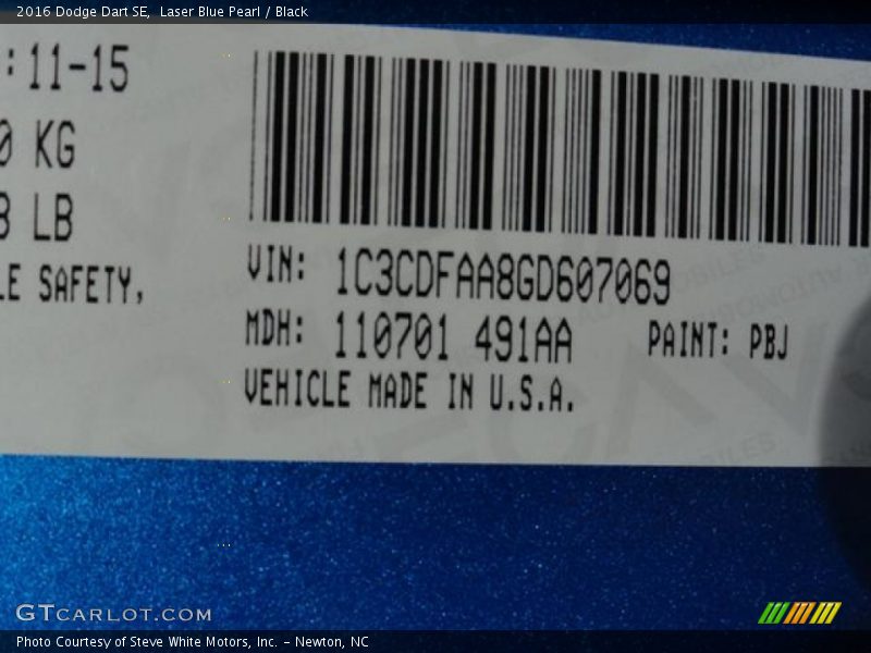 2016 Dart SE Laser Blue Pearl Color Code PBJ