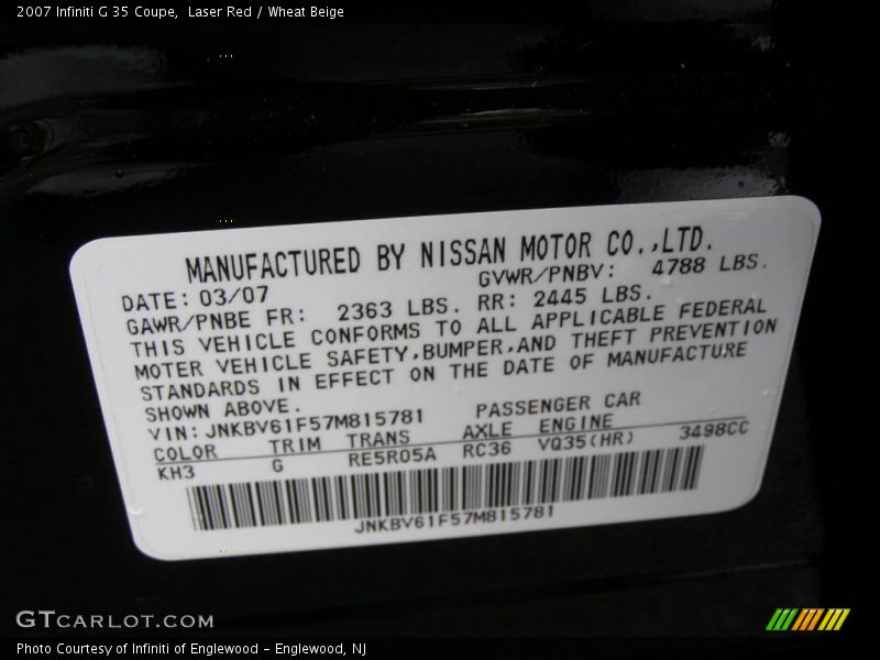 Laser Red / Wheat Beige 2007 Infiniti G 35 Coupe