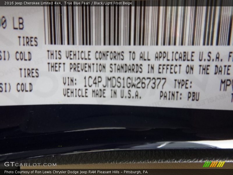 True Blue Pearl / Black/Light Frost Beige 2016 Jeep Cherokee Limited 4x4