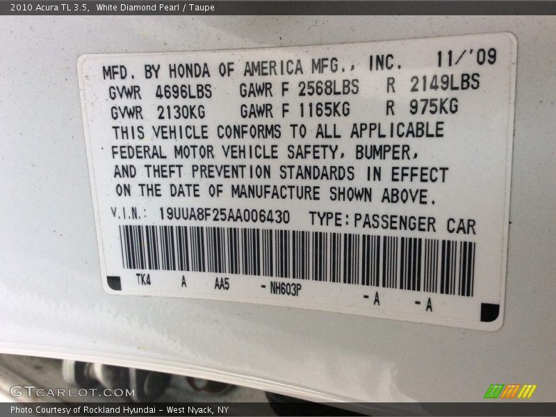 White Diamond Pearl / Taupe 2010 Acura TL 3.5