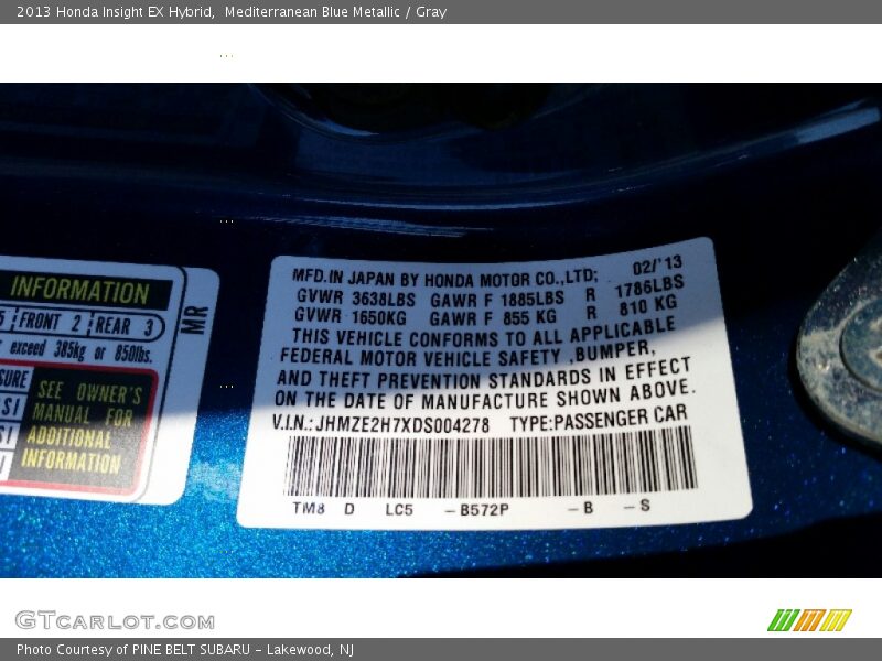 Mediterranean Blue Metallic / Gray 2013 Honda Insight EX Hybrid