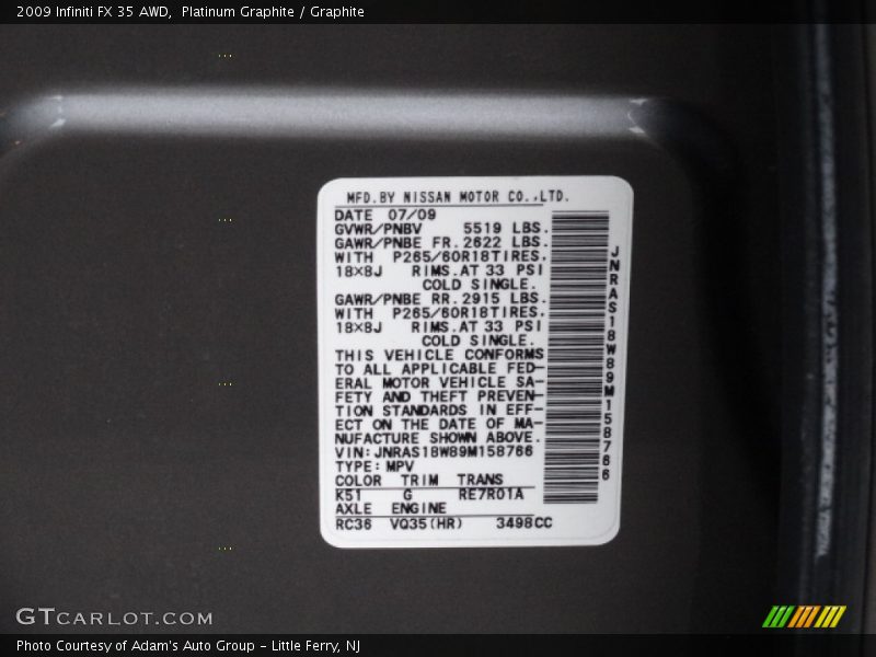 Platinum Graphite / Graphite 2009 Infiniti FX 35 AWD
