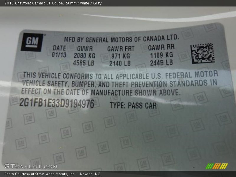 Summit White / Gray 2013 Chevrolet Camaro LT Coupe