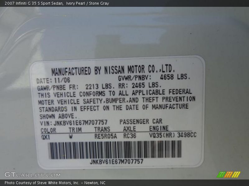 Ivory Pearl / Stone Gray 2007 Infiniti G 35 S Sport Sedan