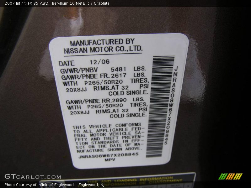 Beryllium 16 Metallic / Graphite 2007 Infiniti FX 35 AWD