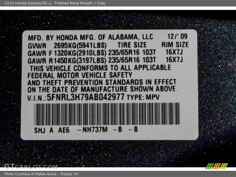 Polished Metal Metallic / Gray 2010 Honda Odyssey EX-L