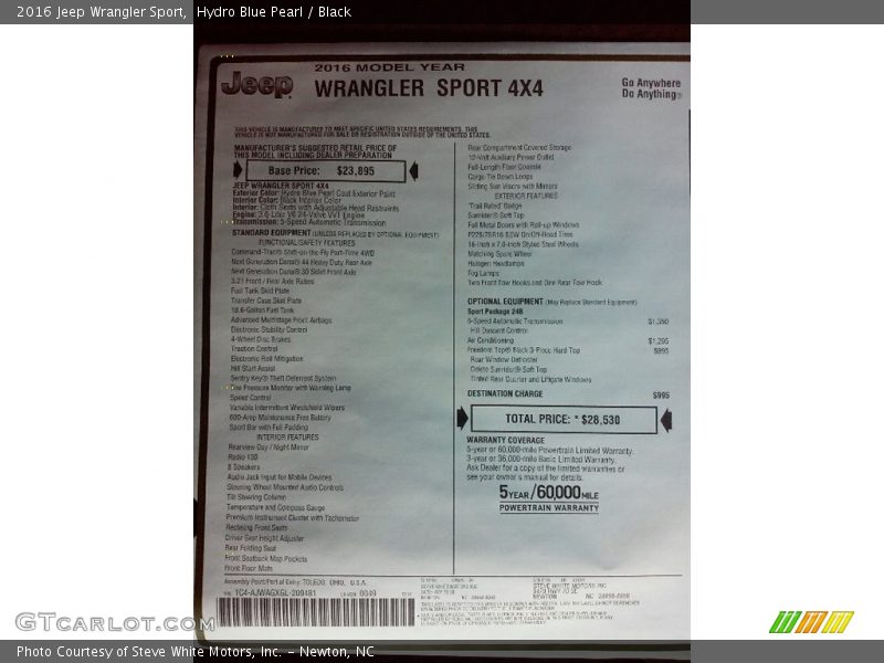 Hydro Blue Pearl / Black 2016 Jeep Wrangler Sport