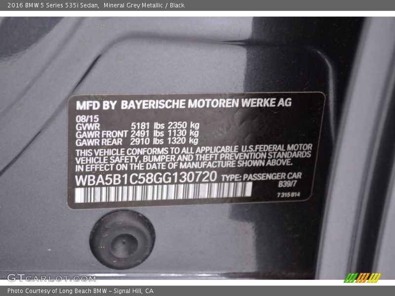 Mineral Grey Metallic / Black 2016 BMW 5 Series 535i Sedan