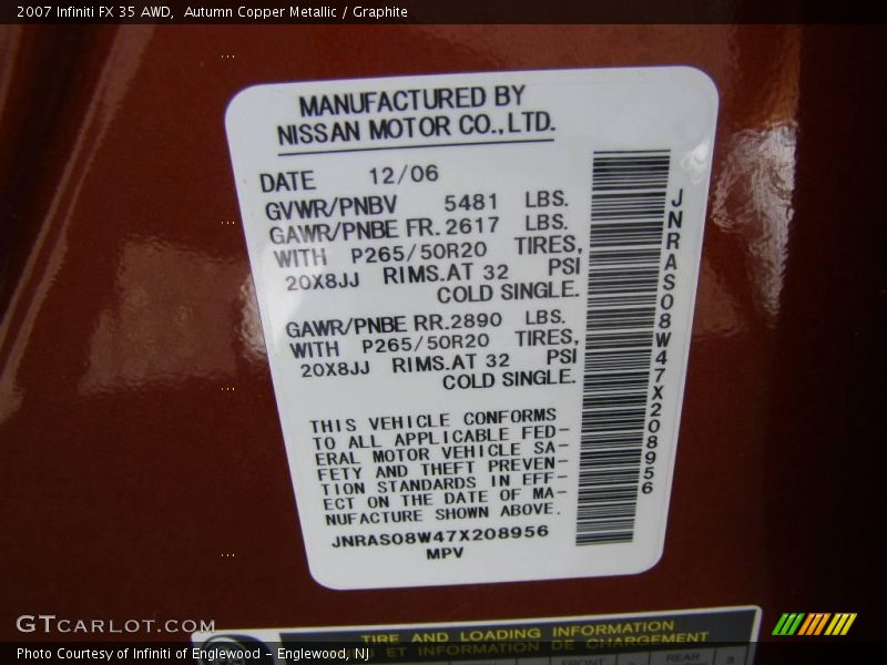 Autumn Copper Metallic / Graphite 2007 Infiniti FX 35 AWD