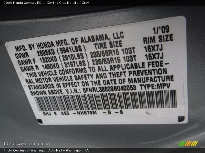 Sterling Gray Metallic / Gray 2009 Honda Odyssey EX-L