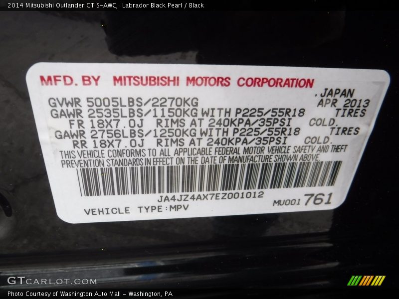 Labrador Black Pearl / Black 2014 Mitsubishi Outlander GT S-AWC
