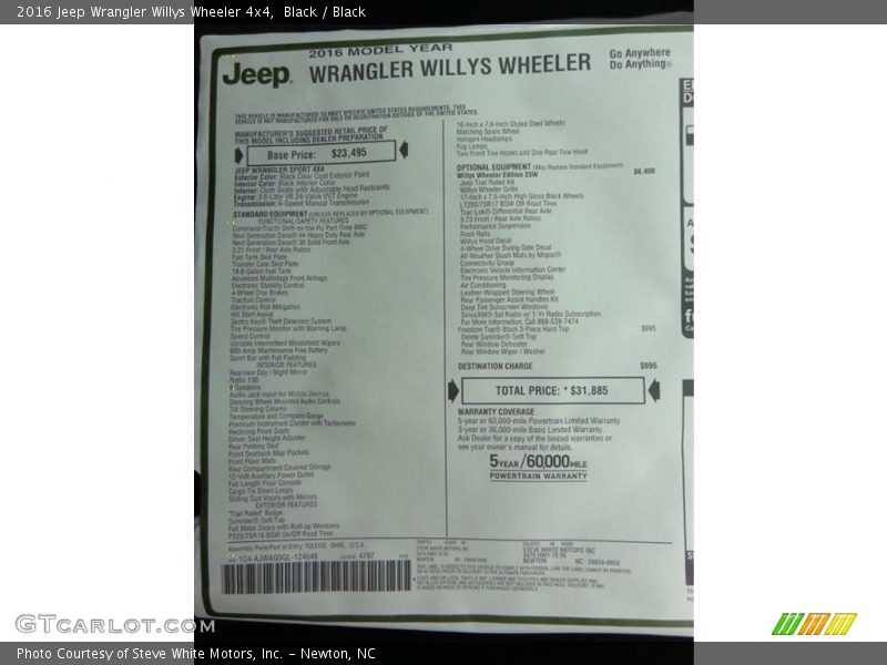  2016 Wrangler Willys Wheeler 4x4 Window Sticker