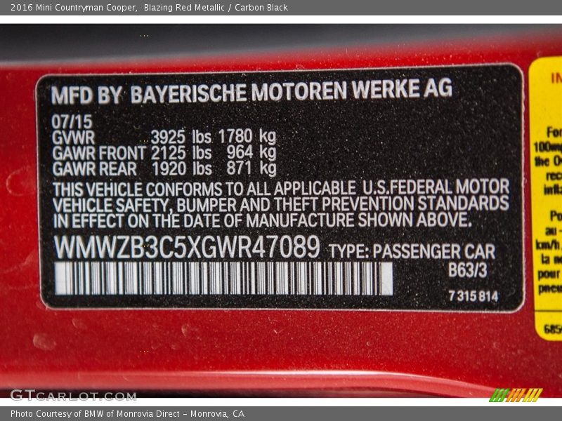 2016 Countryman Cooper Blazing Red Metallic Color Code B63