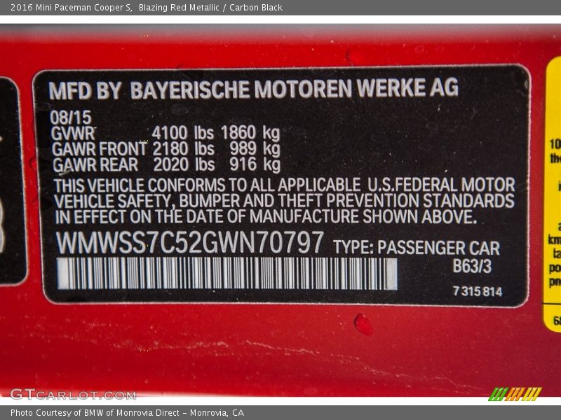 2016 Paceman Cooper S Blazing Red Metallic Color Code B63