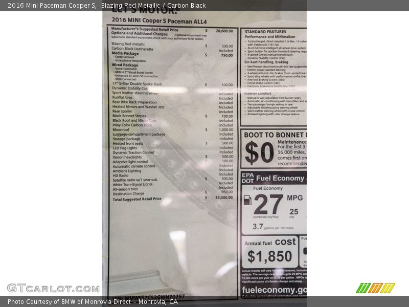  2016 Paceman Cooper S Window Sticker