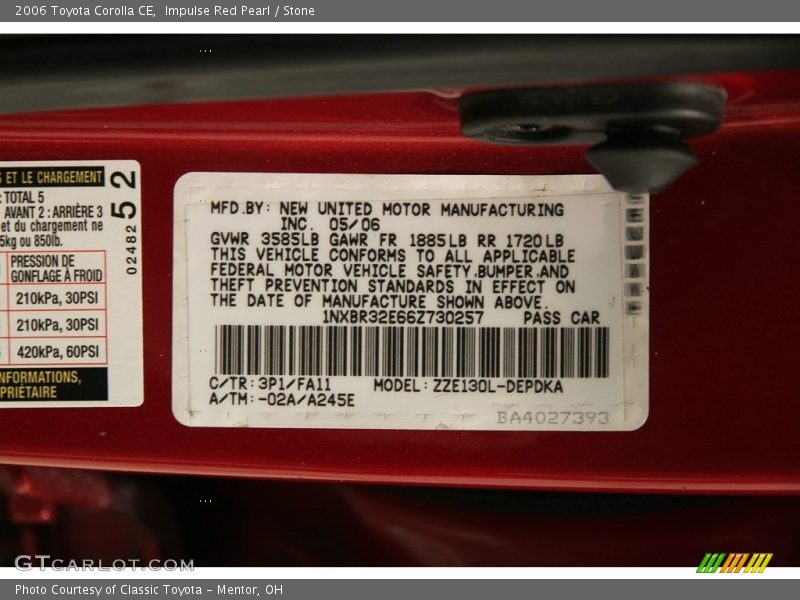 Impulse Red Pearl / Stone 2006 Toyota Corolla CE