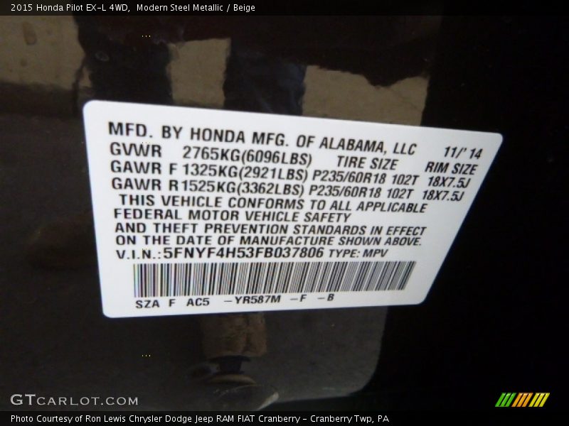 Modern Steel Metallic / Beige 2015 Honda Pilot EX-L 4WD