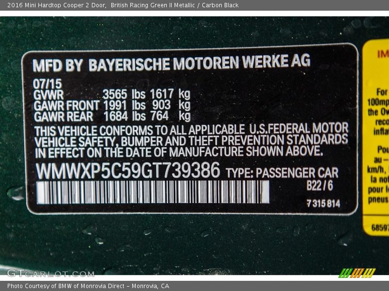 2016 Hardtop Cooper 2 Door British Racing Green II Metallic Color Code B22
