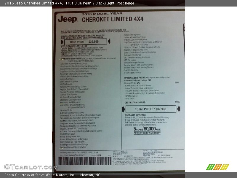 True Blue Pearl / Black/Light Frost Beige 2016 Jeep Cherokee Limited 4x4