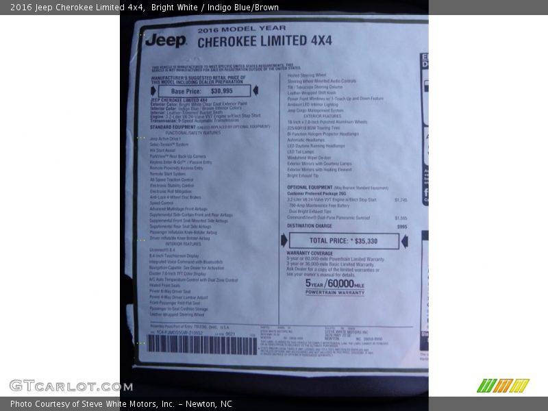 Bright White / Indigo Blue/Brown 2016 Jeep Cherokee Limited 4x4