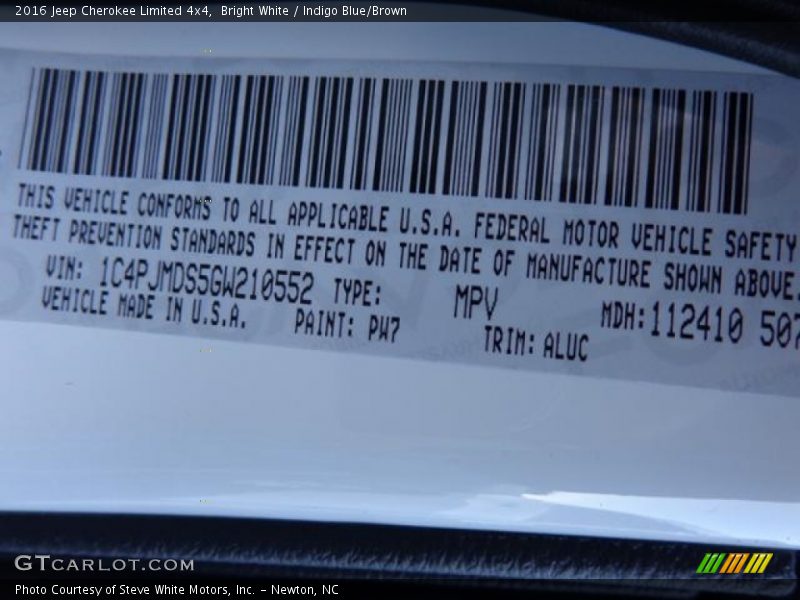 Bright White / Indigo Blue/Brown 2016 Jeep Cherokee Limited 4x4