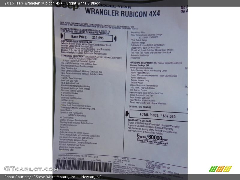 2016 Wrangler Rubicon 4x4 Window Sticker