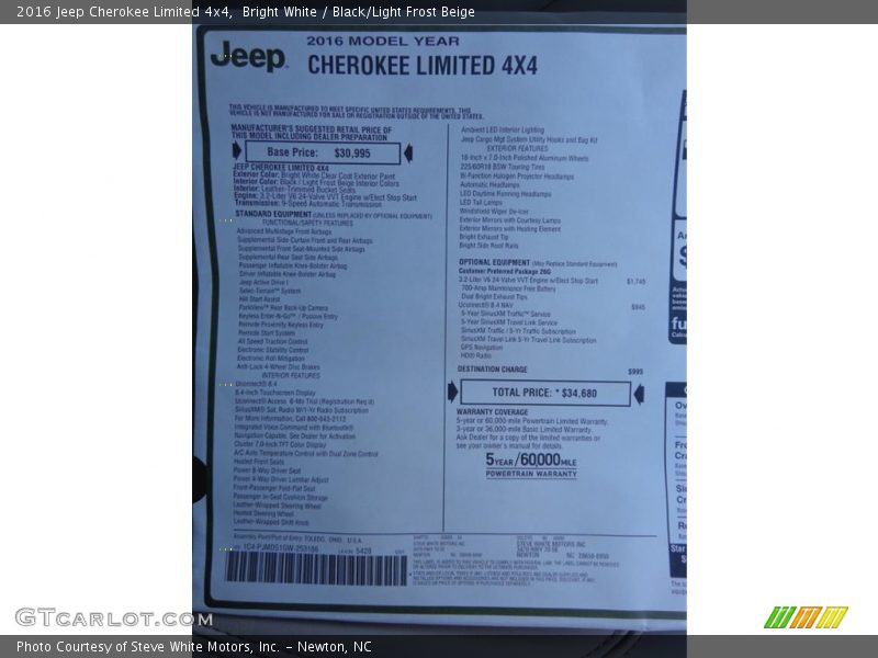 Bright White / Black/Light Frost Beige 2016 Jeep Cherokee Limited 4x4