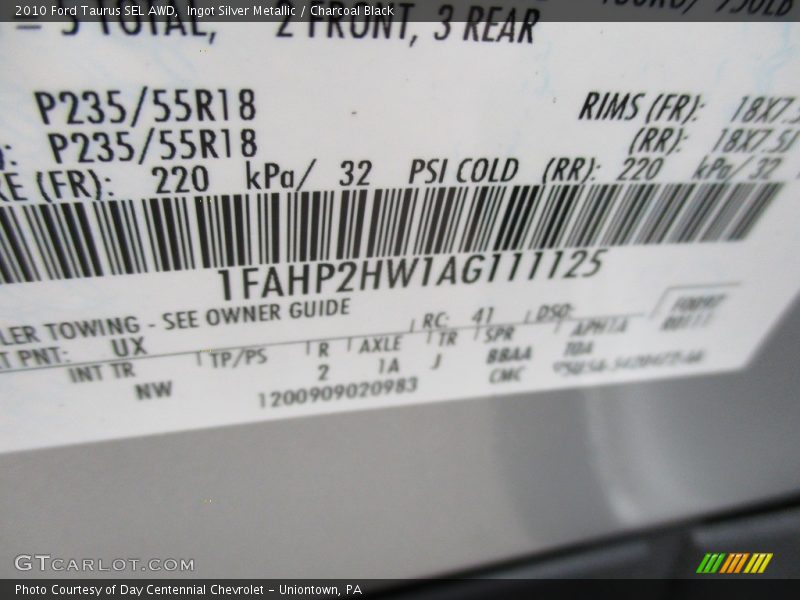 Ingot Silver Metallic / Charcoal Black 2010 Ford Taurus SEL AWD