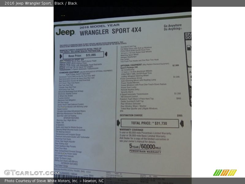 Black / Black 2016 Jeep Wrangler Sport